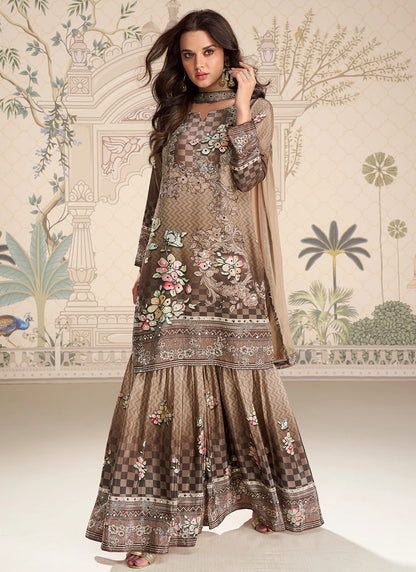Designer Coffee Brown Embroidered Crepe Silk Mirror Work Gharara Suit