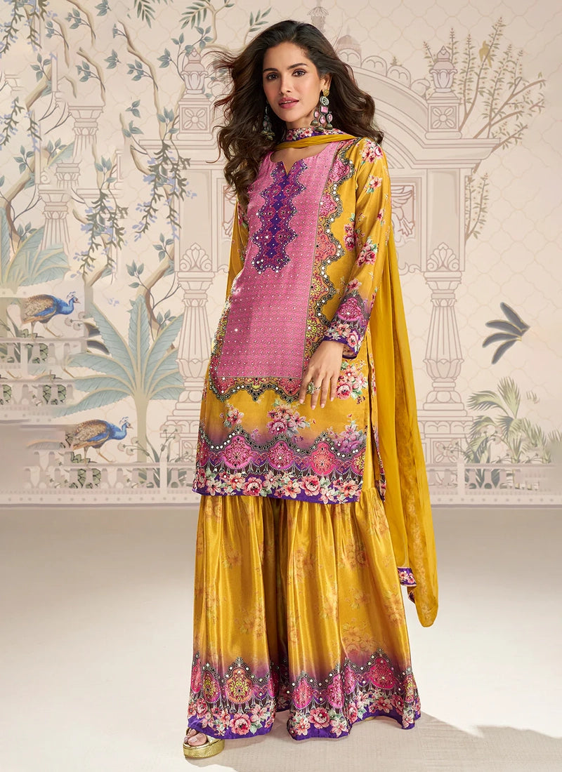 Designer Mustard Pink Embroidered Crepe Silk Mirror Work Gharara Suit