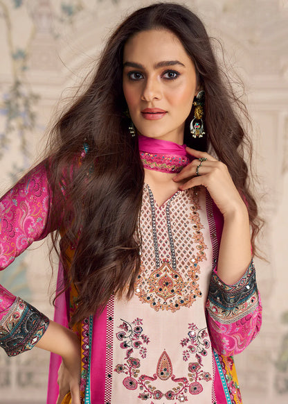Designer Pink Multi Embroidered Crepe Silk Mirror Work Gharara Suit