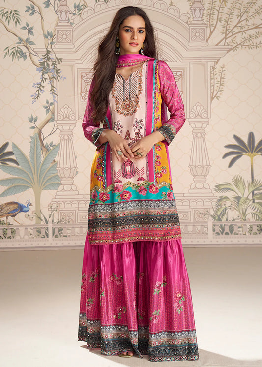 Designer Pink Multi Embroidered Crepe Silk Mirror Work Gharara Suit