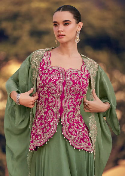Designer Olive Green and Pink Chinon Cape Style Palazzo Suit with Embroidery