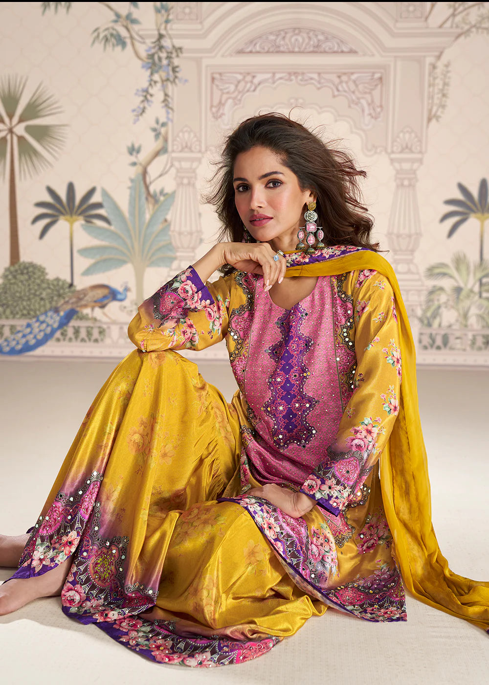 Designer Mustard Pink Embroidered Crepe Silk Mirror Work Gharara Suit