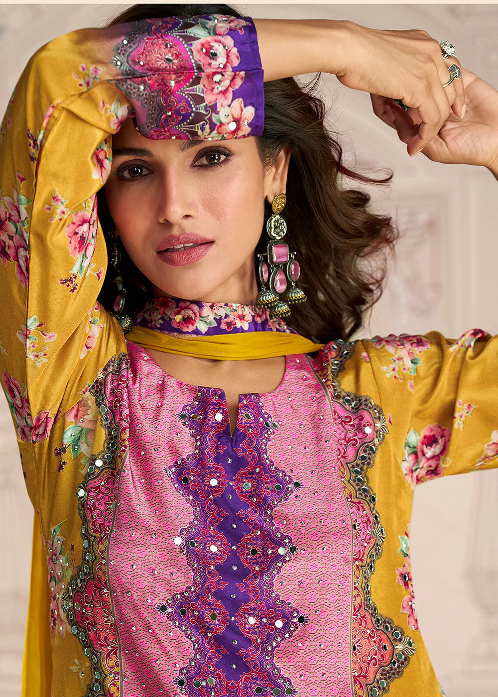 Designer Mustard Pink Embroidered Crepe Silk Mirror Work Gharara Suit