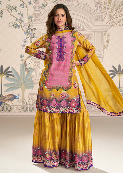 Designer Mustard Pink Embroidered Crepe Silk Mirror Work Gharara Suit