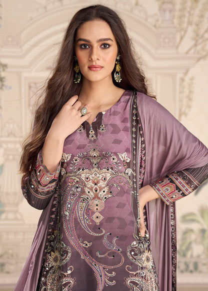 Designer Mauve Embroidered Crepe Silk Mirror Work Gharara Suit