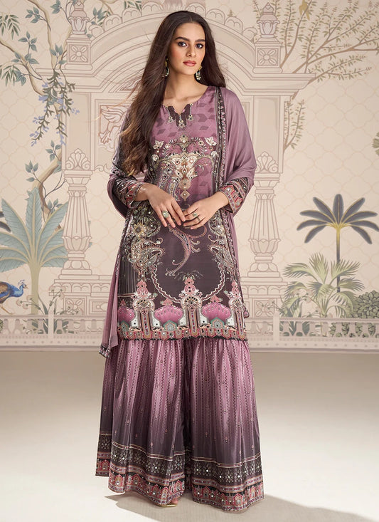 Designer Mauve Embroidered Crepe Silk Mirror Work Gharara Suit