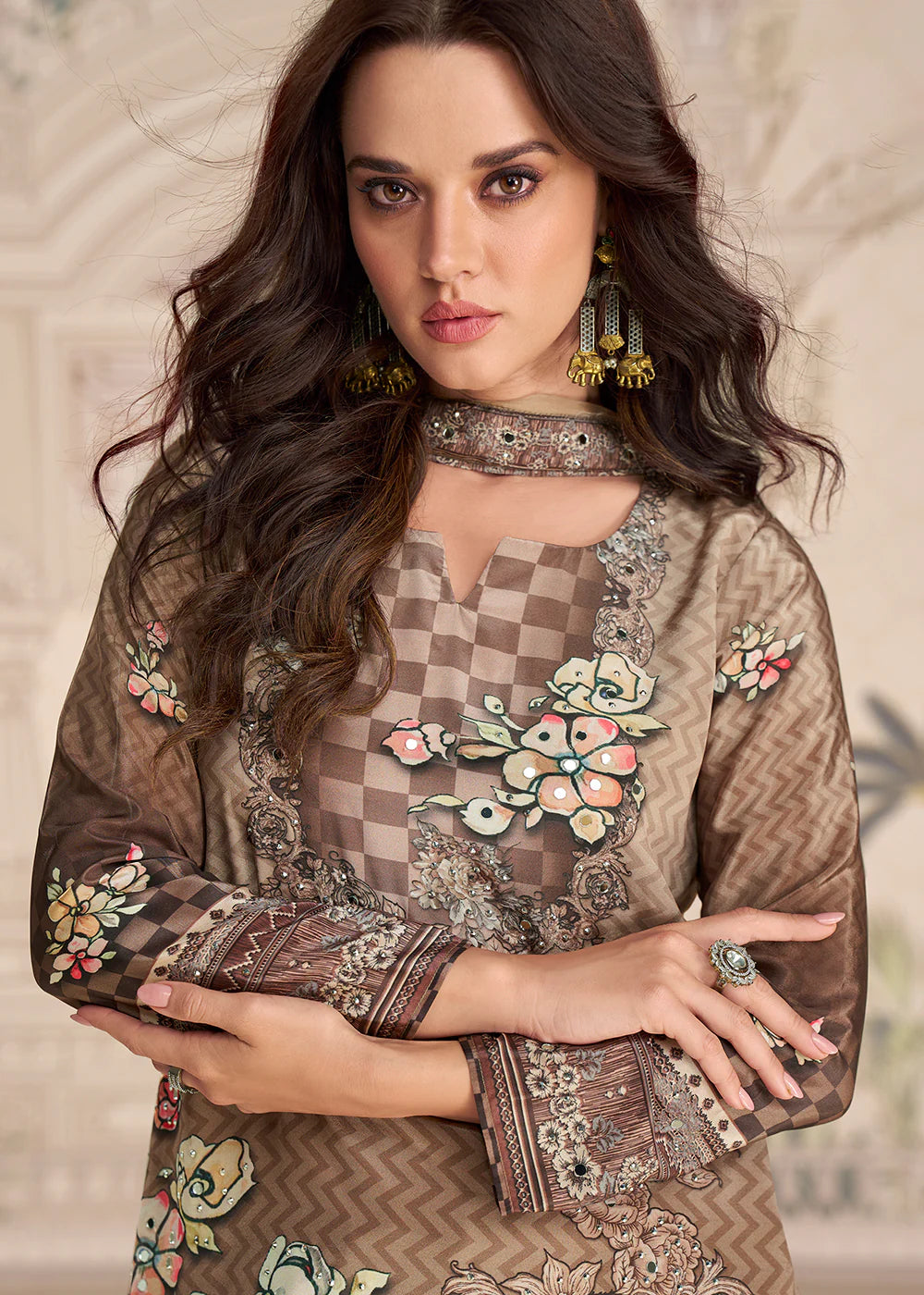 Designer Coffee Brown Embroidered Crepe Silk Mirror Work Gharara Suit