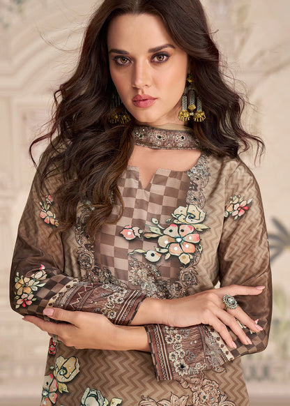 Designer Coffee Brown Embroidered Crepe Silk Mirror Work Gharara Suit
