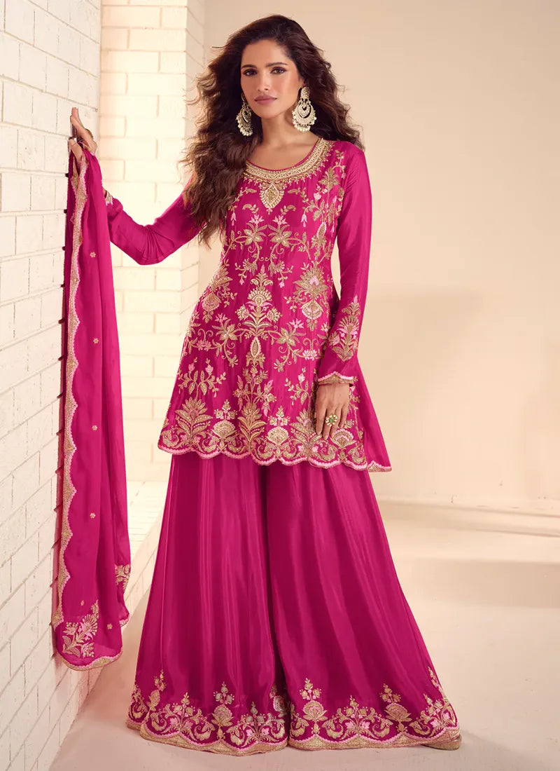 Designer Rani Pink Embroidered Chinon Sharara Suit