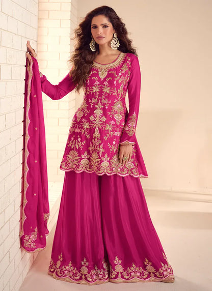 Designer Rani Pink Embroidered Chinon Sharara Suit