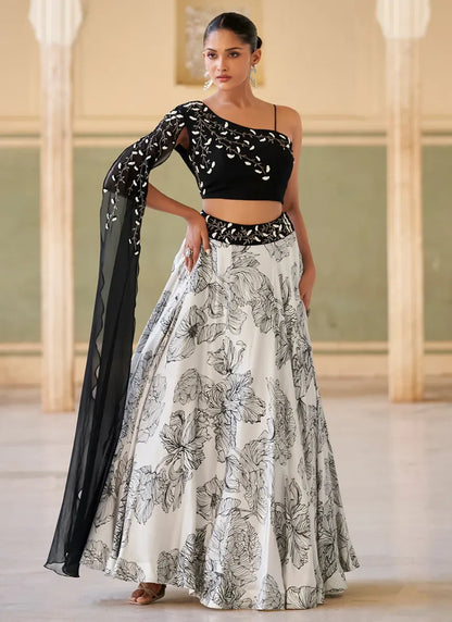 Designer Black & White Embroidered Indo Western Chinon Silk Lehenga