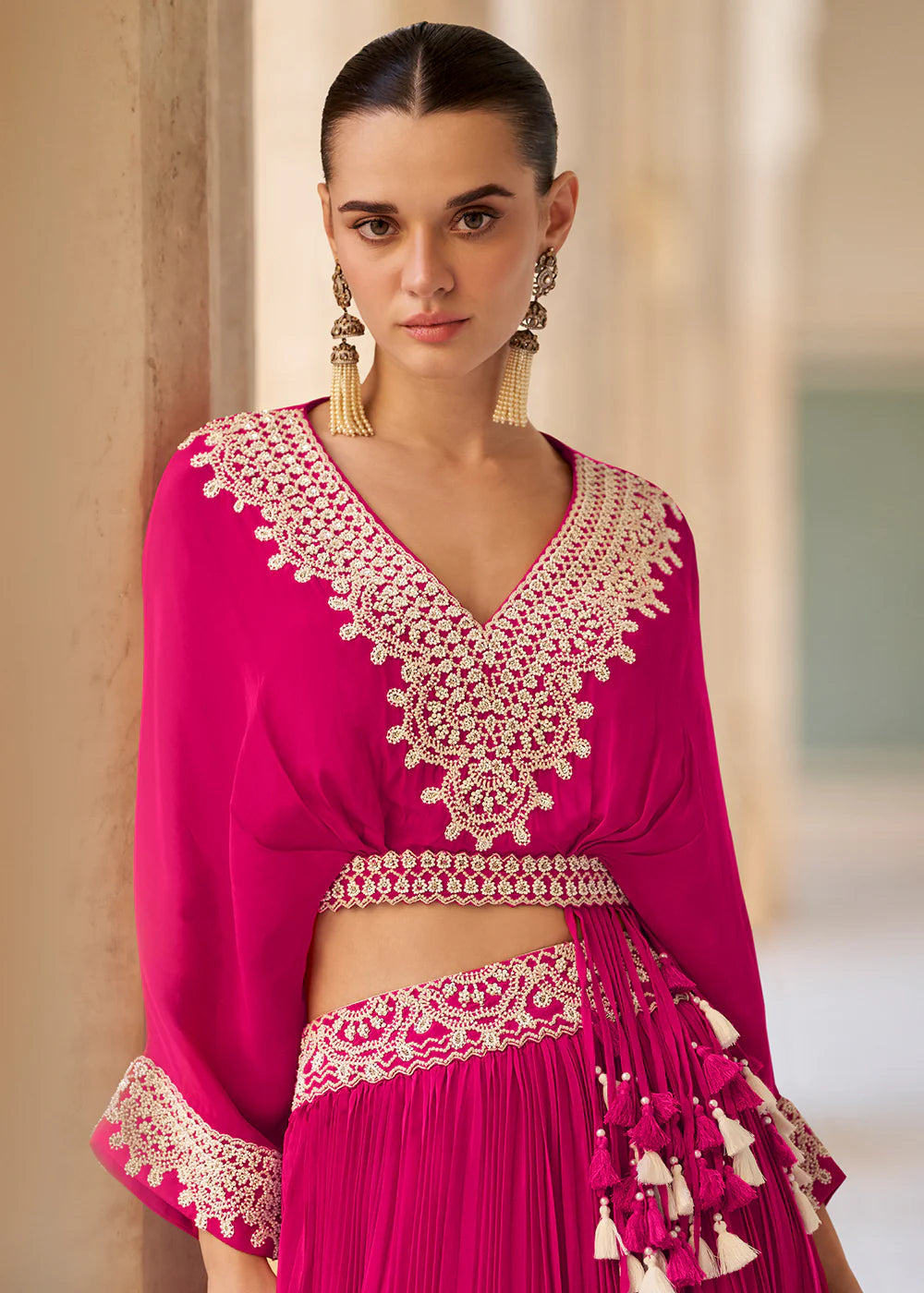 Designer Rani Pink Embroidered Indo Western Chinon Silk Lehenga