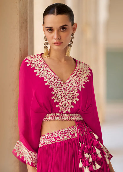 Designer Rani Pink Embroidered Indo Western Chinon Silk Lehenga