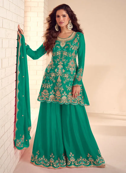 Designer Emerald Green Embroidered Chinon Sharara Suit