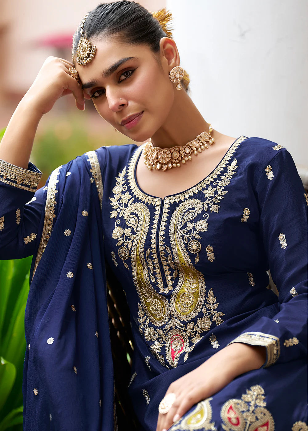Designer Navy Blue Embroidered Chinon Sharara Suit