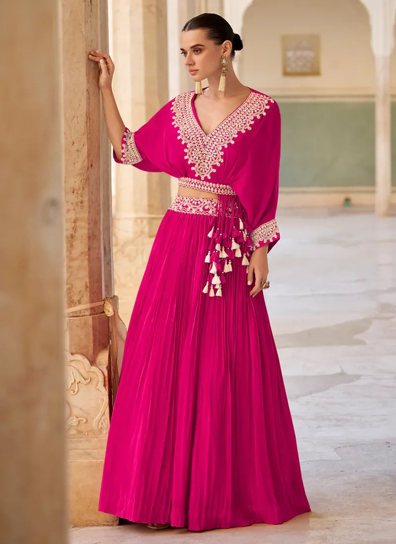 Designer Rani Pink Embroidered Indo Western Chinon Silk Lehenga