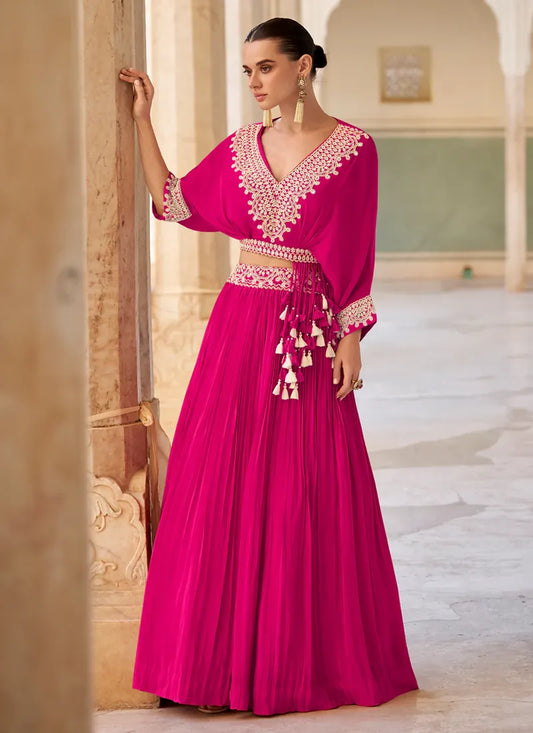 Designer Rani Pink Embroidered Indo Western Chinon Silk Lehenga