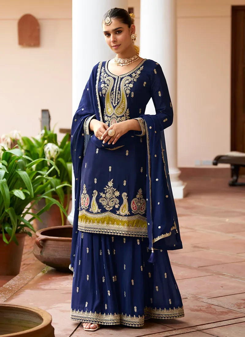 Designer Navy Blue Embroidered Chinon Sharara Suit