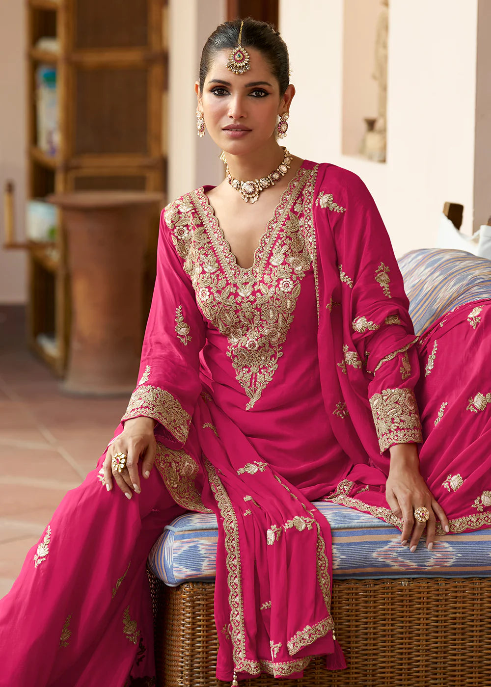 Designer Pink Embroidered Chinon Sharara Suit