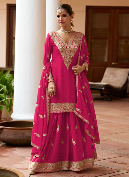 Designer Pink Embroidered Chinon Sharara Suit