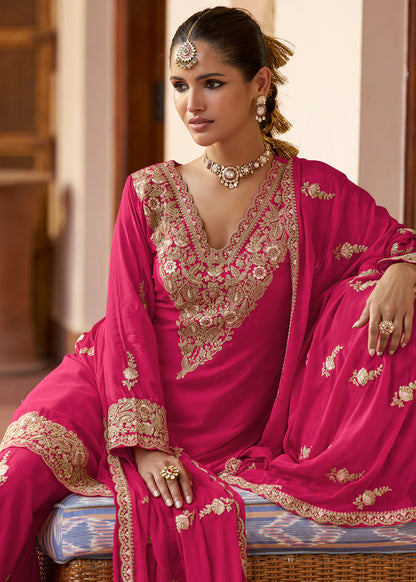 Designer Pink Embroidered Chinon Sharara Suit