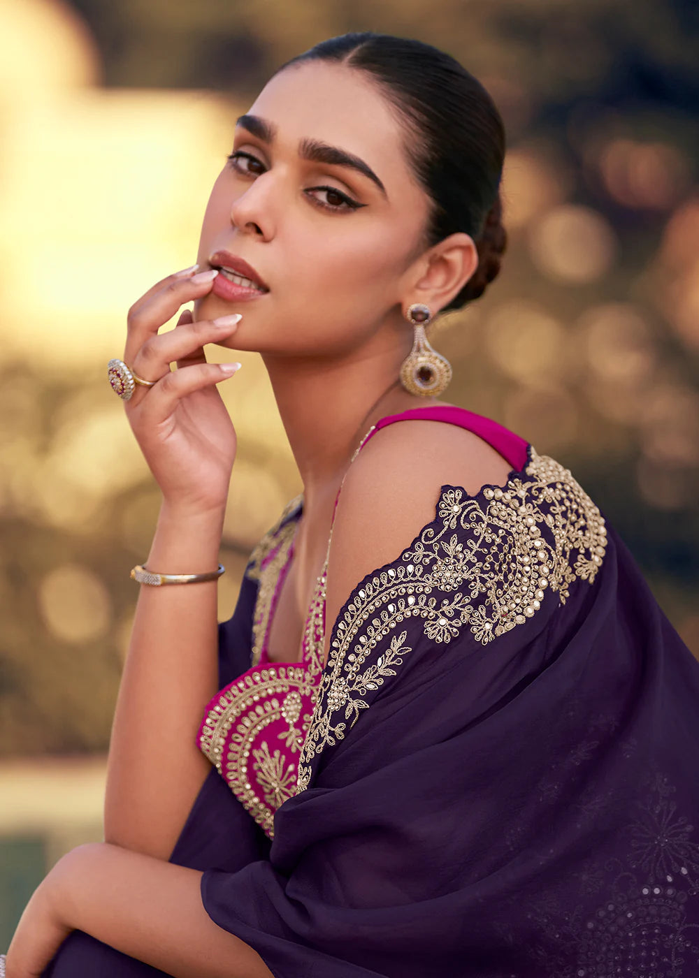 Elegant Pink and Purple Chinon Cape Style Palazzo Suit with Embroidery
