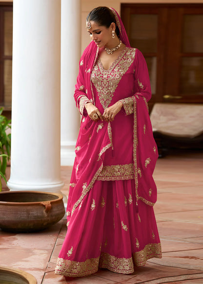 Designer Pink Embroidered Chinon Sharara Suit