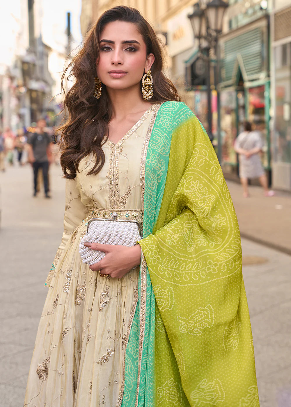 Designer Beige Embroidered Indo Western Simar Silk Anarkali Gown