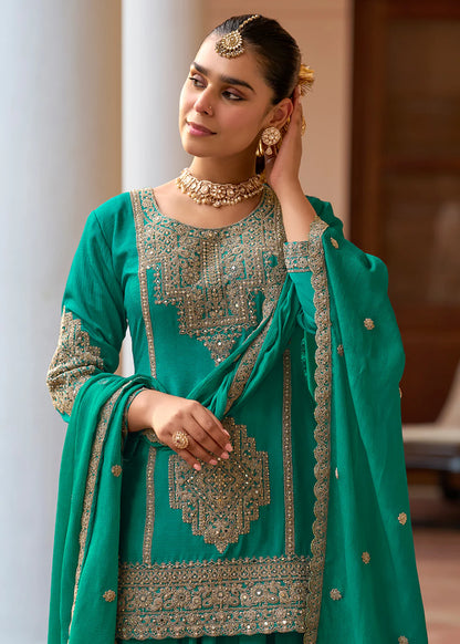 Designer Green Embroidered Chinon Sharara Suit