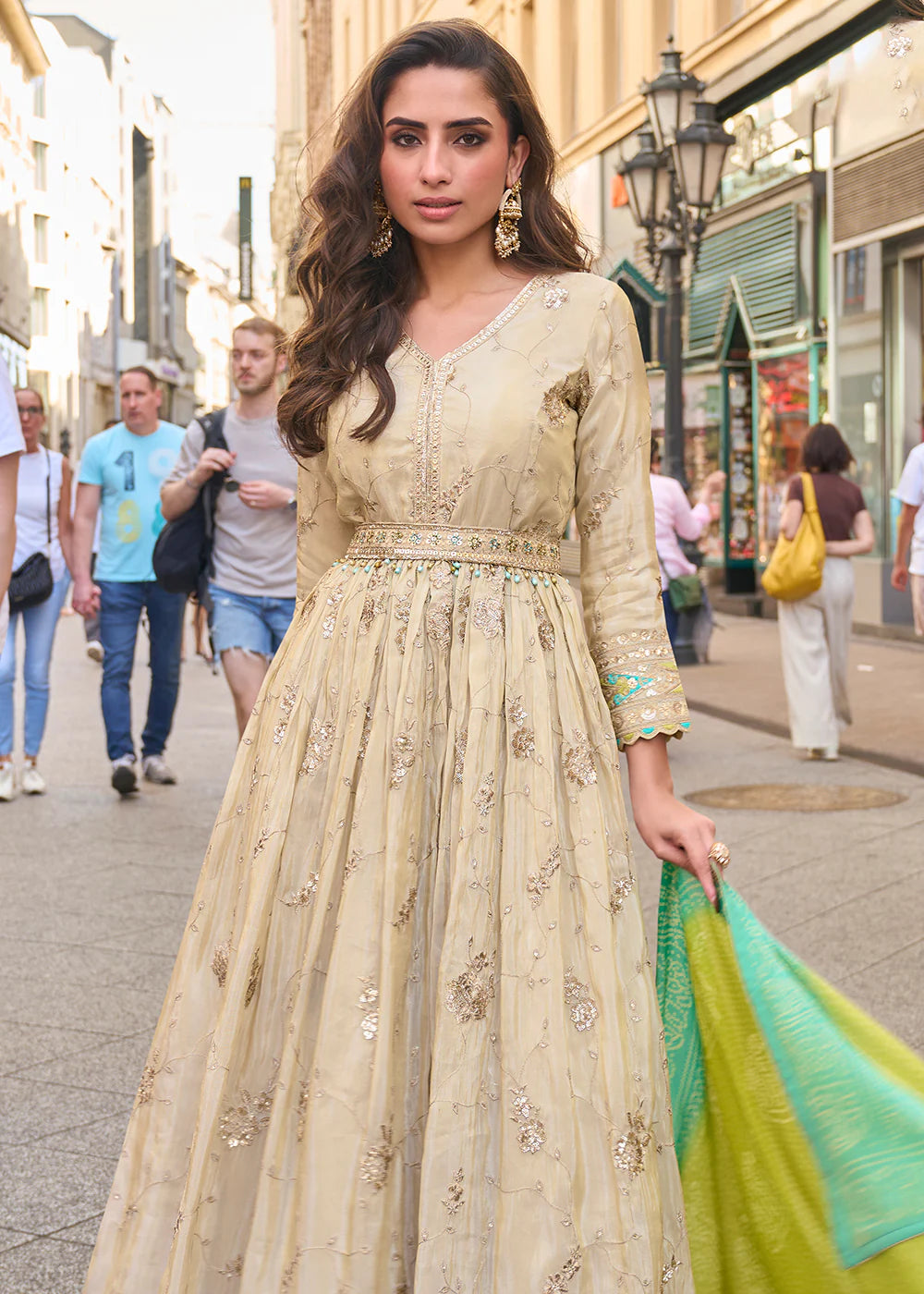 Designer Beige Embroidered Indo Western Simar Silk Anarkali Gown