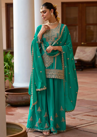 Designer Green Embroidered Chinon Sharara Suit