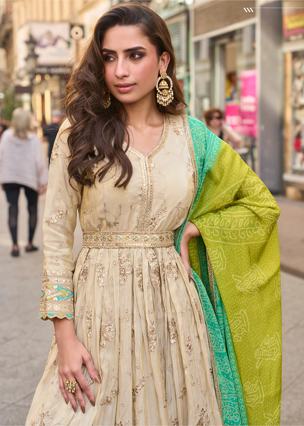 Designer Beige Embroidered Indo Western Simar Silk Anarkali Gown