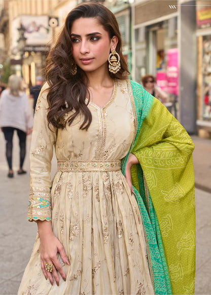 Designer Beige Embroidered Indo Western Simar Silk Anarkali Gown