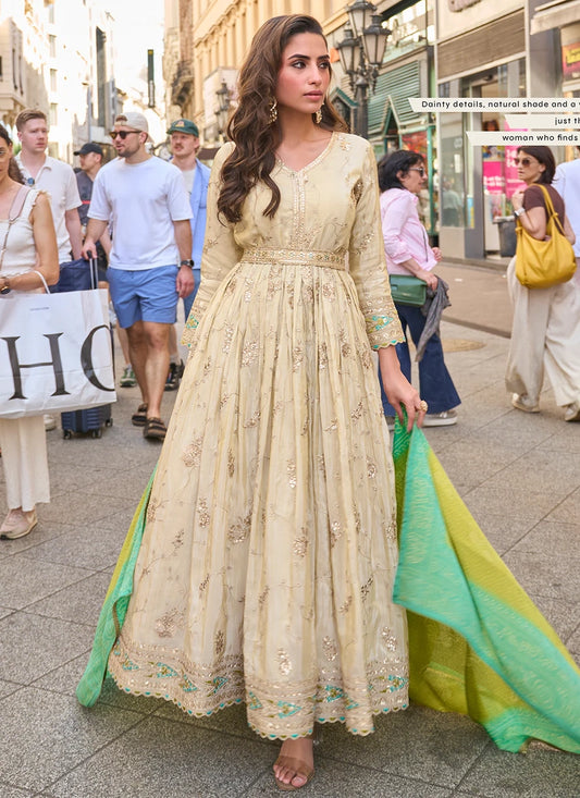 Designer Beige Embroidered Indo Western Simar Silk Anarkali Gown