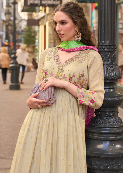 Designer Beige Pink Floral Embroidered Indo Western Simar Silk Anarkali Gown