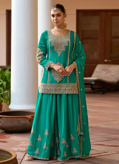 Designer Green Embroidered Chinon Sharara Suit