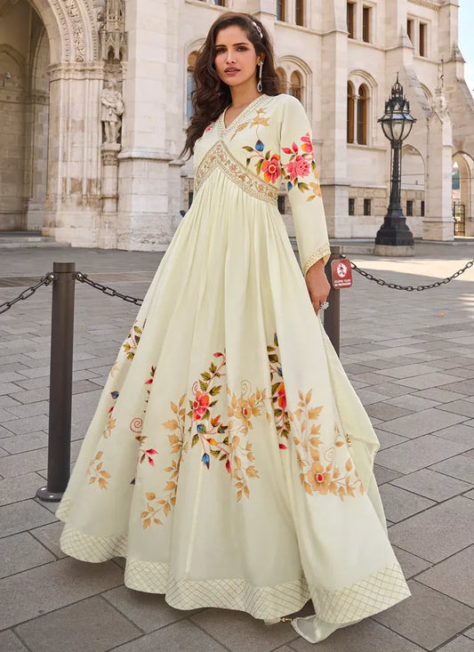 Designer Off White Embroidered Chinon Silk Anarkali Gown