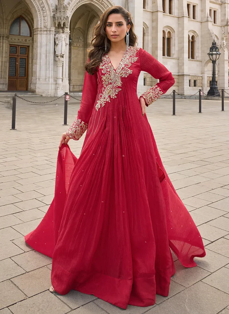 Designer Red Embroidered Chinon Silk Anarkali Gown