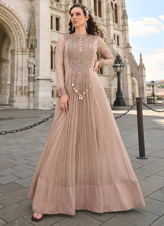 Designer Light Brown Embroidered Chinon Silk Anarkali Gown