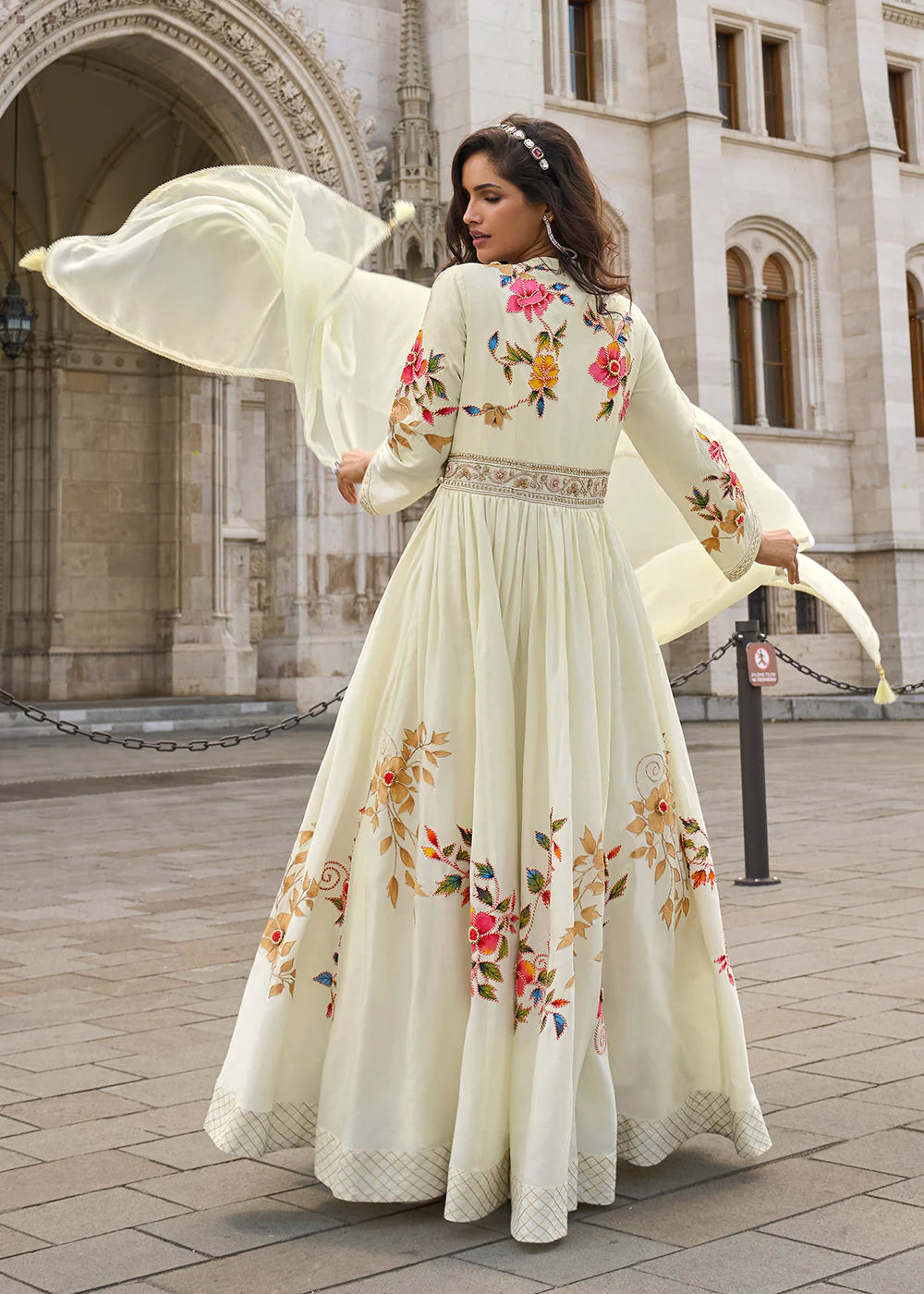 Designer Off White Embroidered Chinon Silk Anarkali Gown
