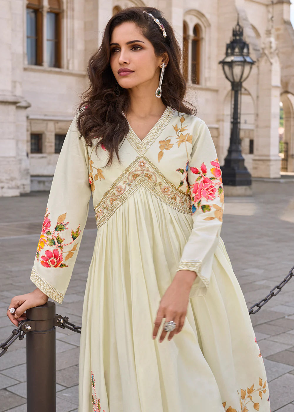 Designer Off White Embroidered Chinon Silk Anarkali Gown