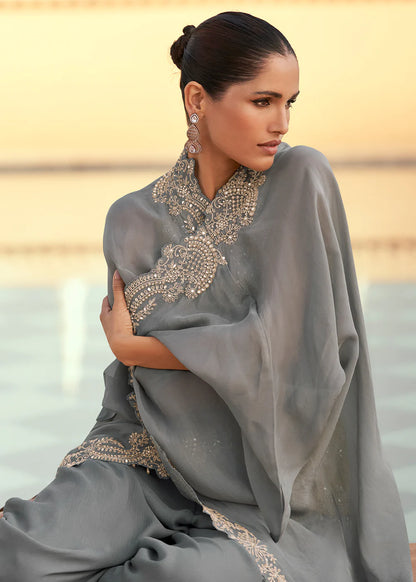 Dusty Grey and Yellow Chinon Cape Style Palazzo Suit with Embroidery