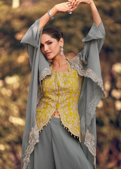Dusty Grey and Yellow Chinon Cape Style Palazzo Suit with Embroidery