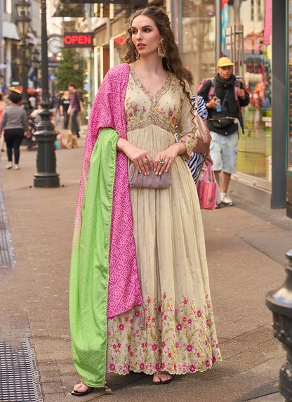 Designer Beige Pink Floral Embroidered Indo Western Simar Silk Anarkali Gown