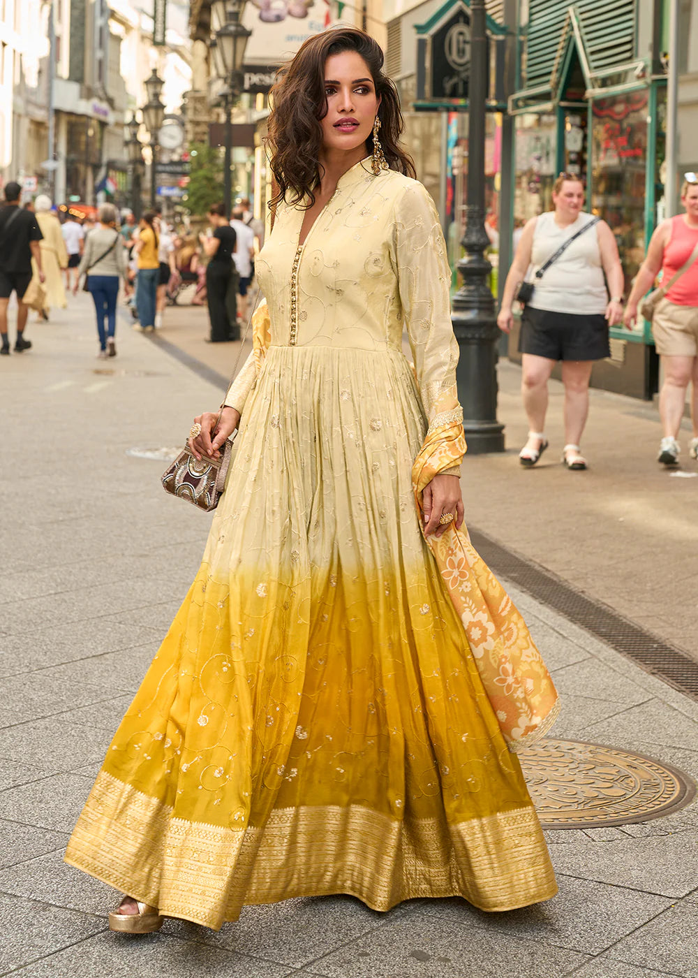 Designer Yellow Ombre Embroidered Indo Western Simar Silk Anarkali Gown