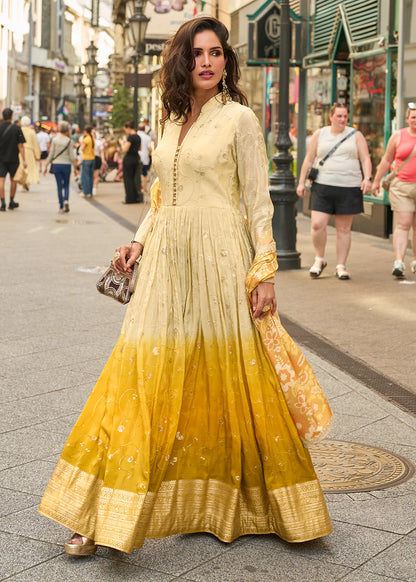 Designer Yellow Ombre Embroidered Indo Western Simar Silk Anarkali Gown