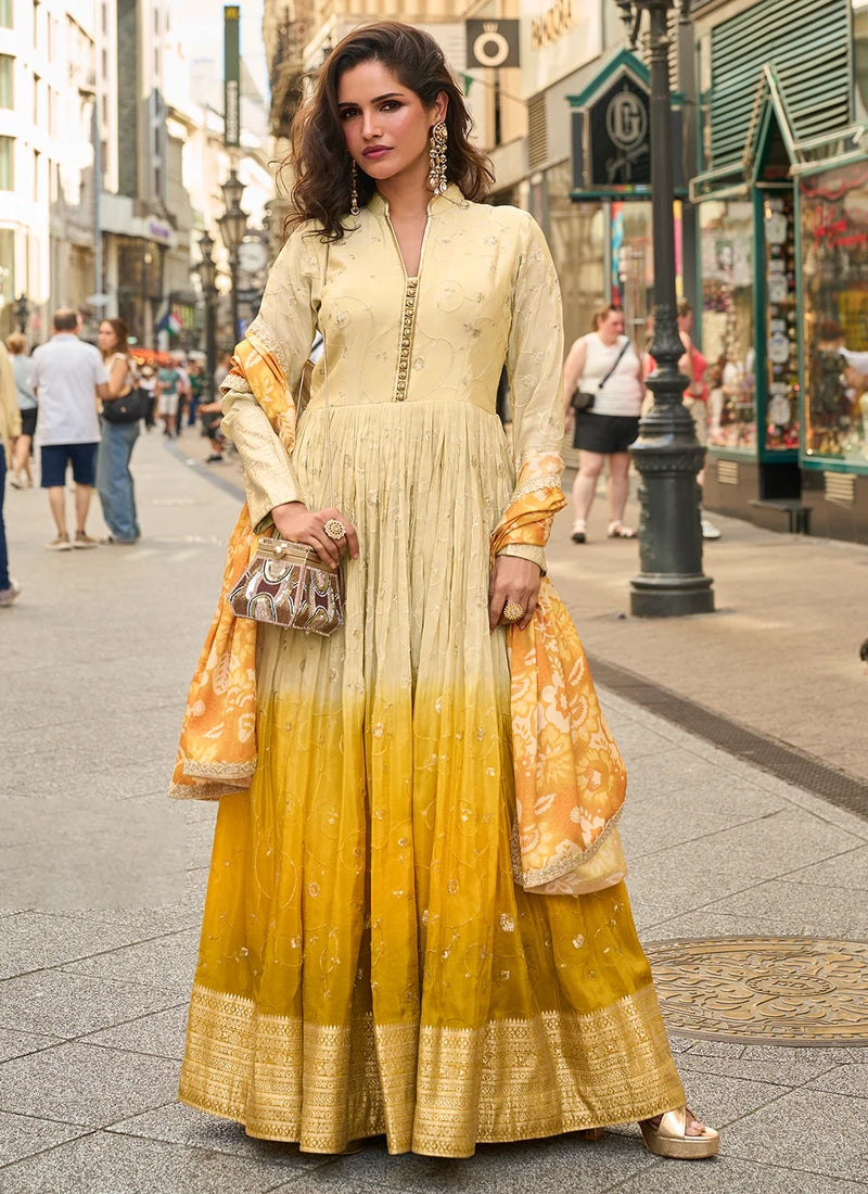 Designer Yellow Ombre Embroidered Indo Western Simar Silk Anarkali Gown