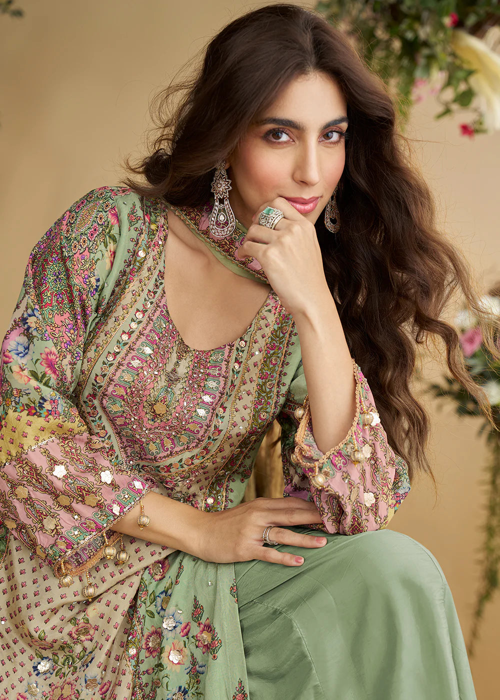 Designer Mint Green Printed Indo Western Crepe Silk Palazzo Set