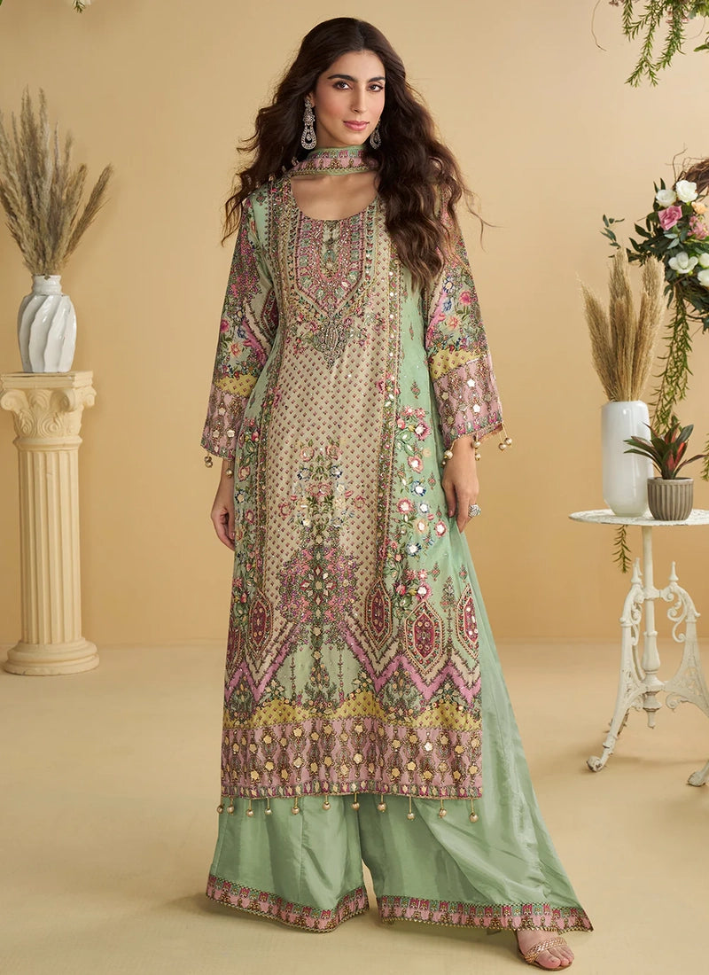 Designer Mint Green Printed Indo Western Crepe Silk Palazzo Set