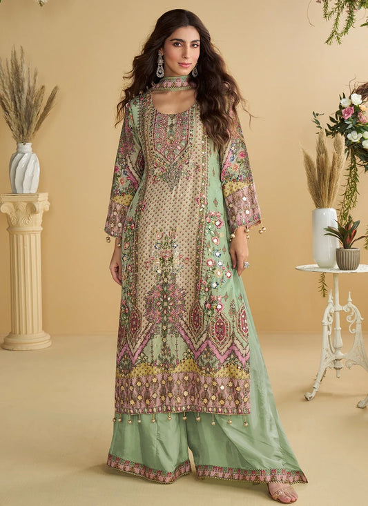 Designer Mint Green Printed Indo Western Crepe Silk Palazzo Set